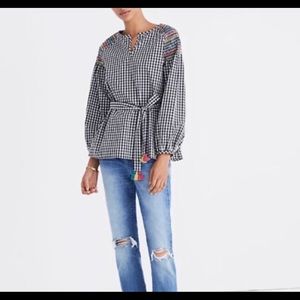 Madewell cute checked blouse with tassel belt M